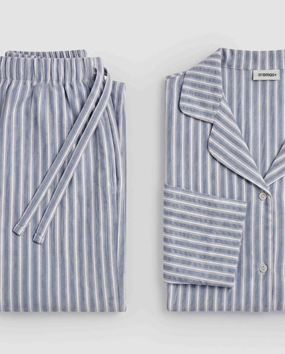 Pijama camisero franela raya linares azul