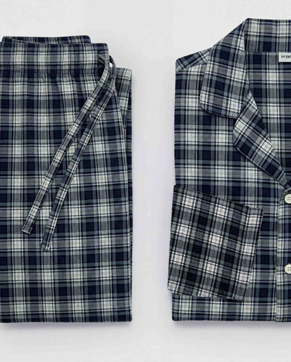 Pijama camisero franela algodón cuadro olen azul marino