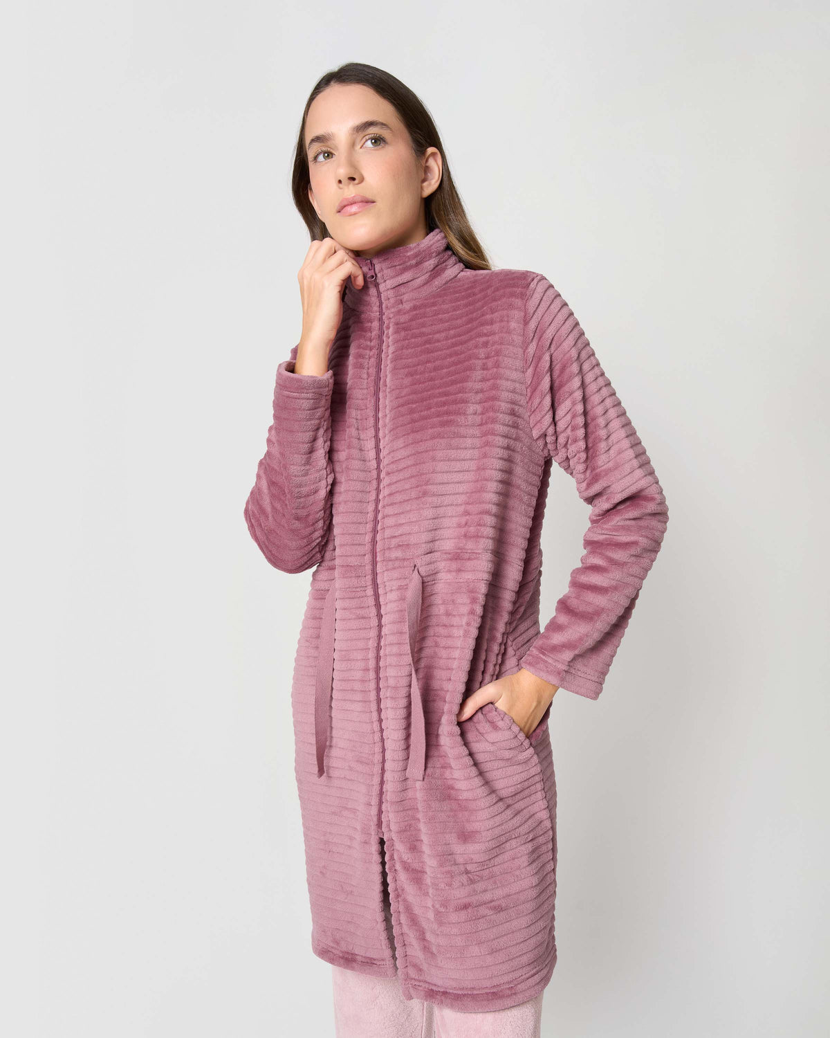 Peignoir en velours à rayures et fermeture éclair, mauve