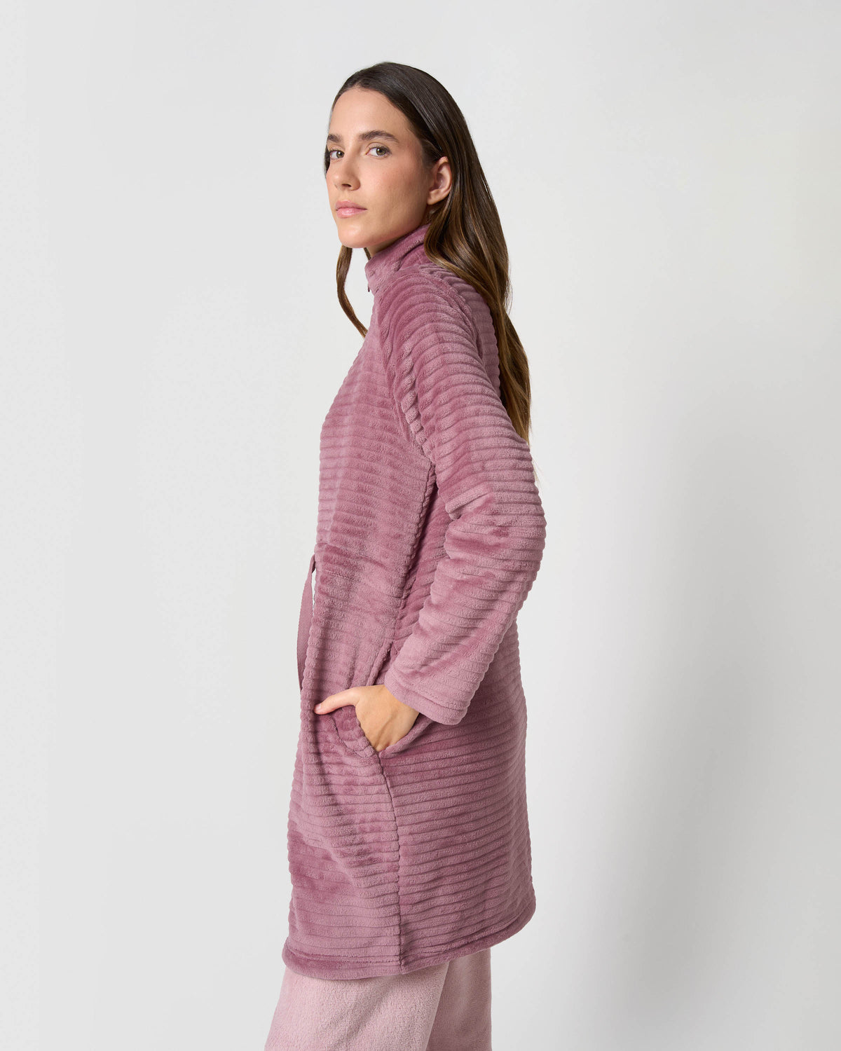 Peignoir en velours à rayures et fermeture éclair, mauve