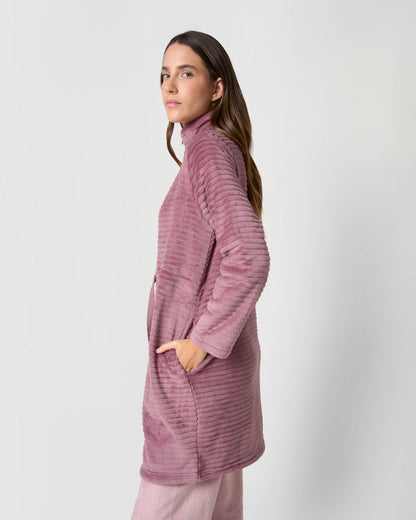 Peignoir en velours à rayures et fermeture éclair, mauve