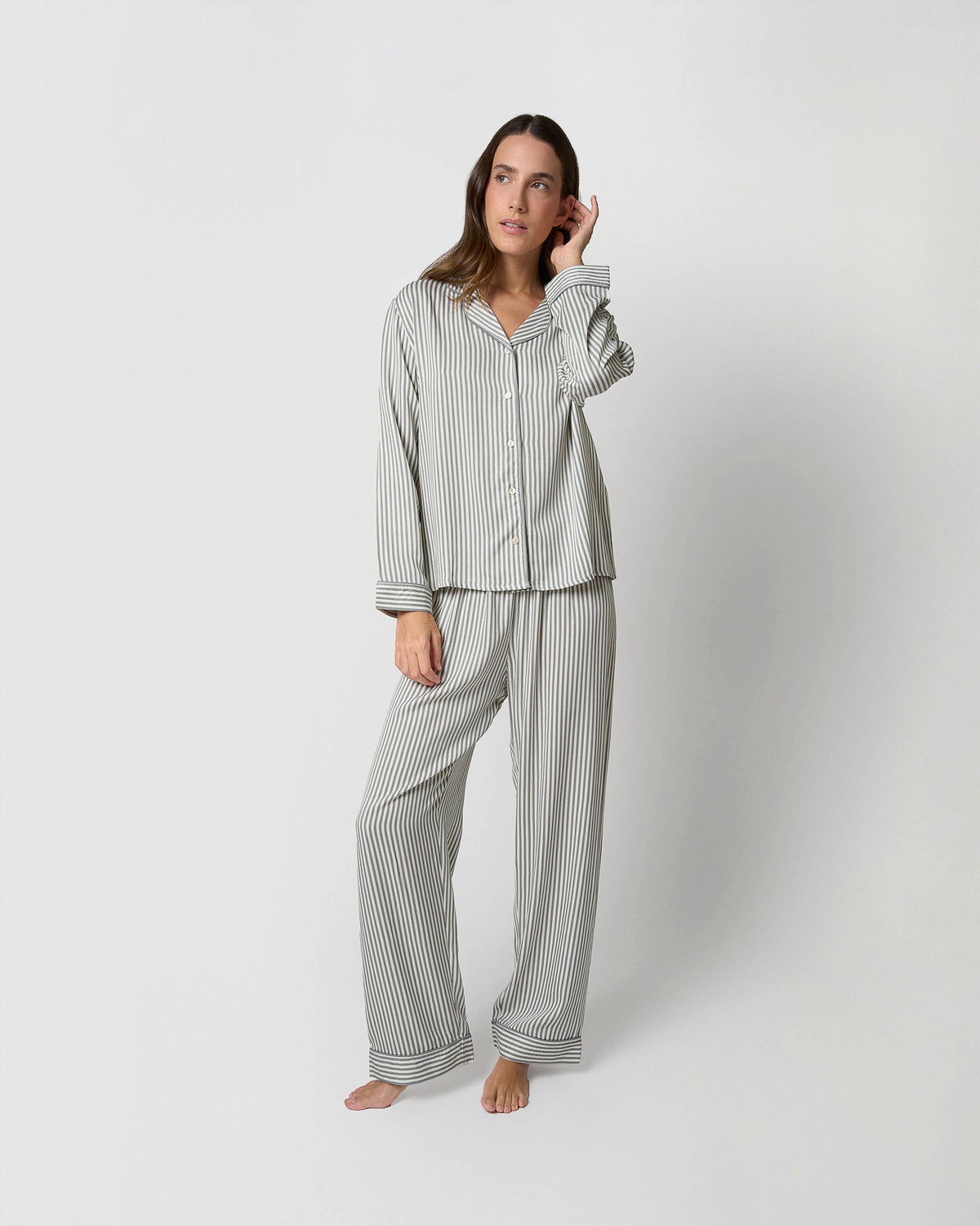 Pyjama long chemisier viscose rayé kodac vert keike