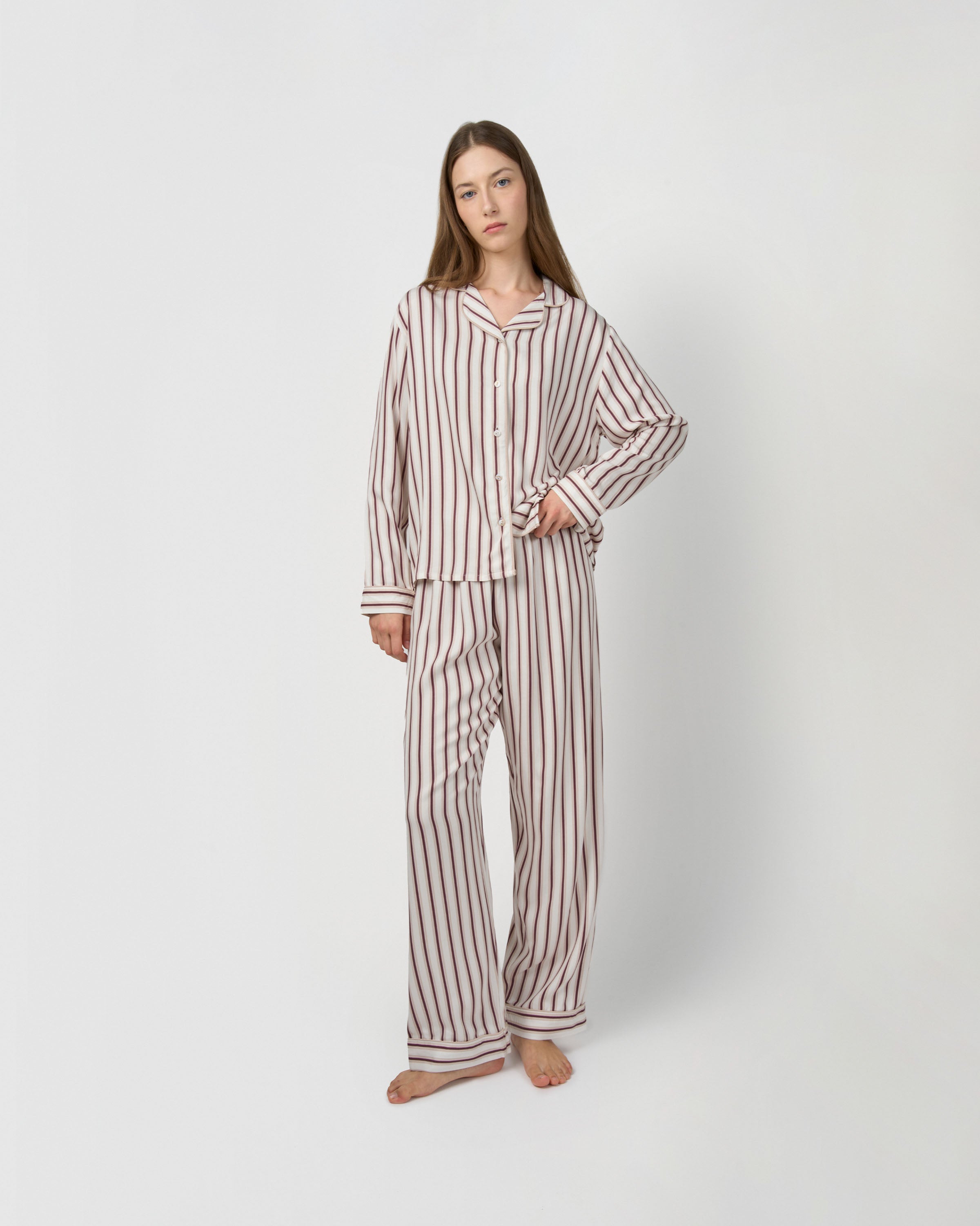 Pijama largo camisero viscosa raya talu rosa