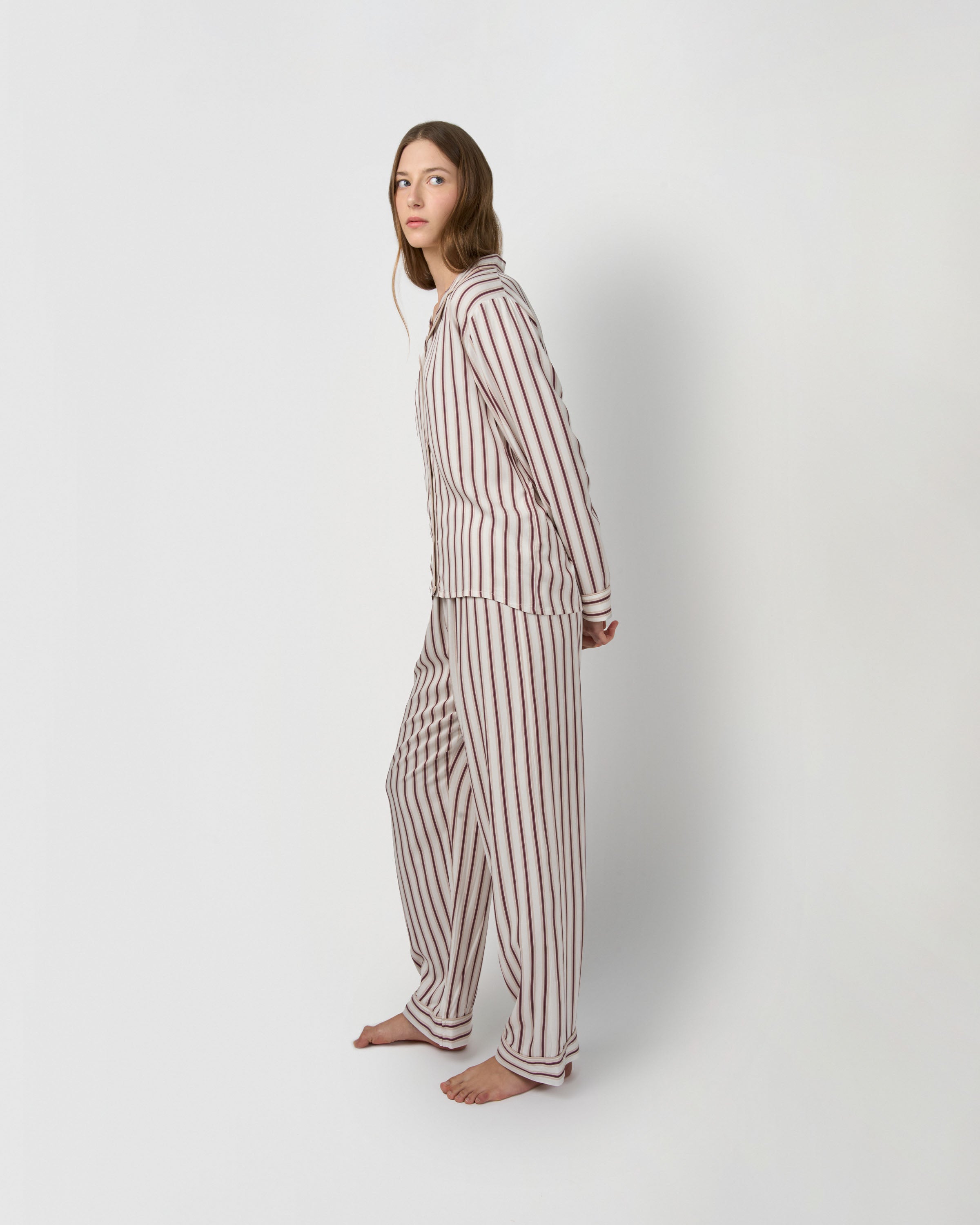Pijama largo camisero viscosa raya talu rosa