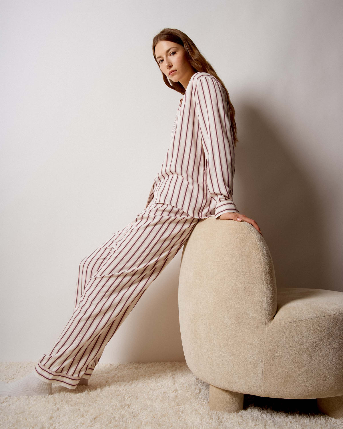 Pijama largo camisero viscosa raya talu rosa