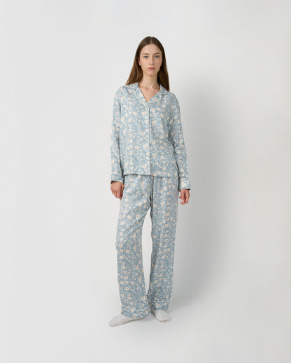Pijama largo camisero viscosa rich azul verdoso