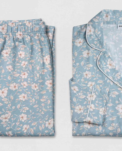 Pijama largo camisero viscosa rich azul verdoso