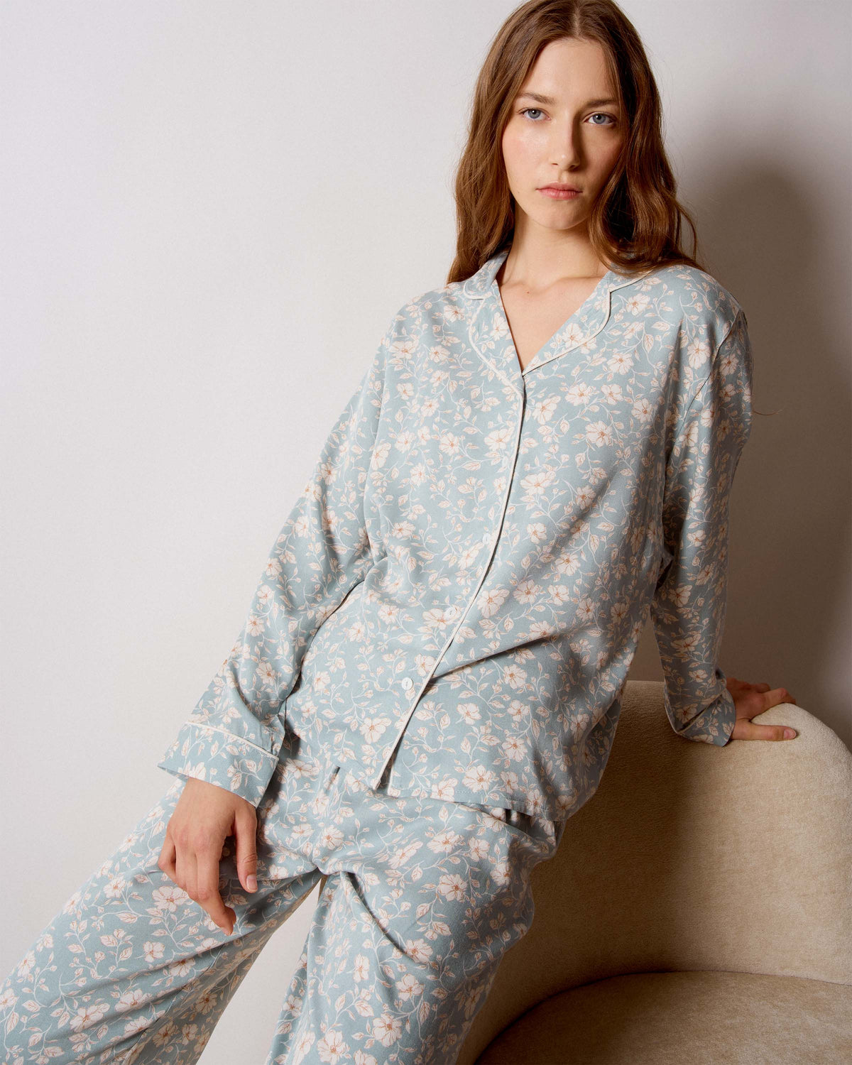 Pijama largo camisero viscosa rich azul verdoso
