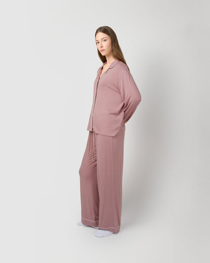 Pijama largo camisero viscosa punto rosa