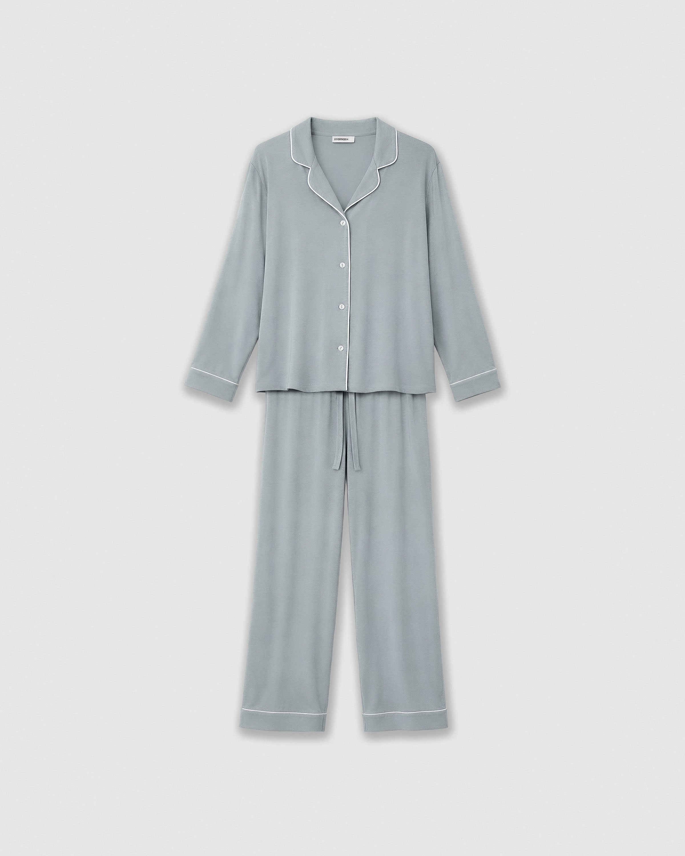 Pijama comprido tipo camisa em viscose malha azul água