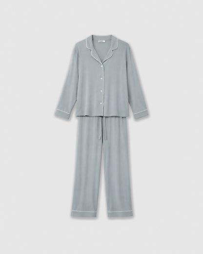 Pijama comprido tipo camisa em viscose malha azul água