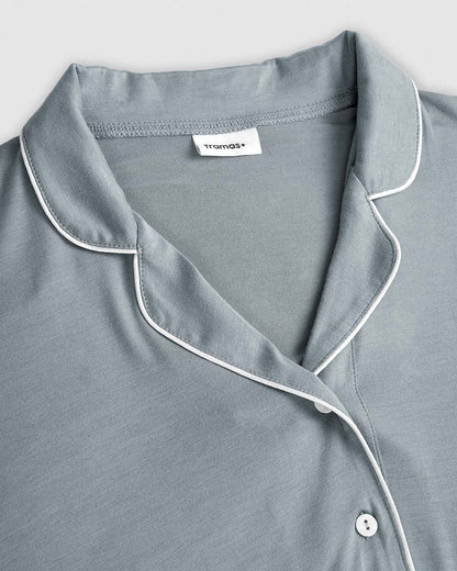 Pijama comprido tipo camisa em viscose malha azul água