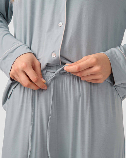 Pijama comprido tipo camisa em viscose malha azul água