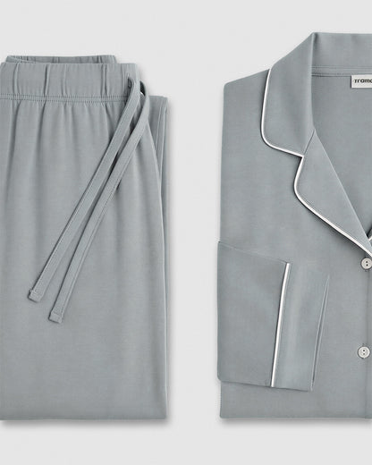 Pijama largo camisero viscosa punto azul agua