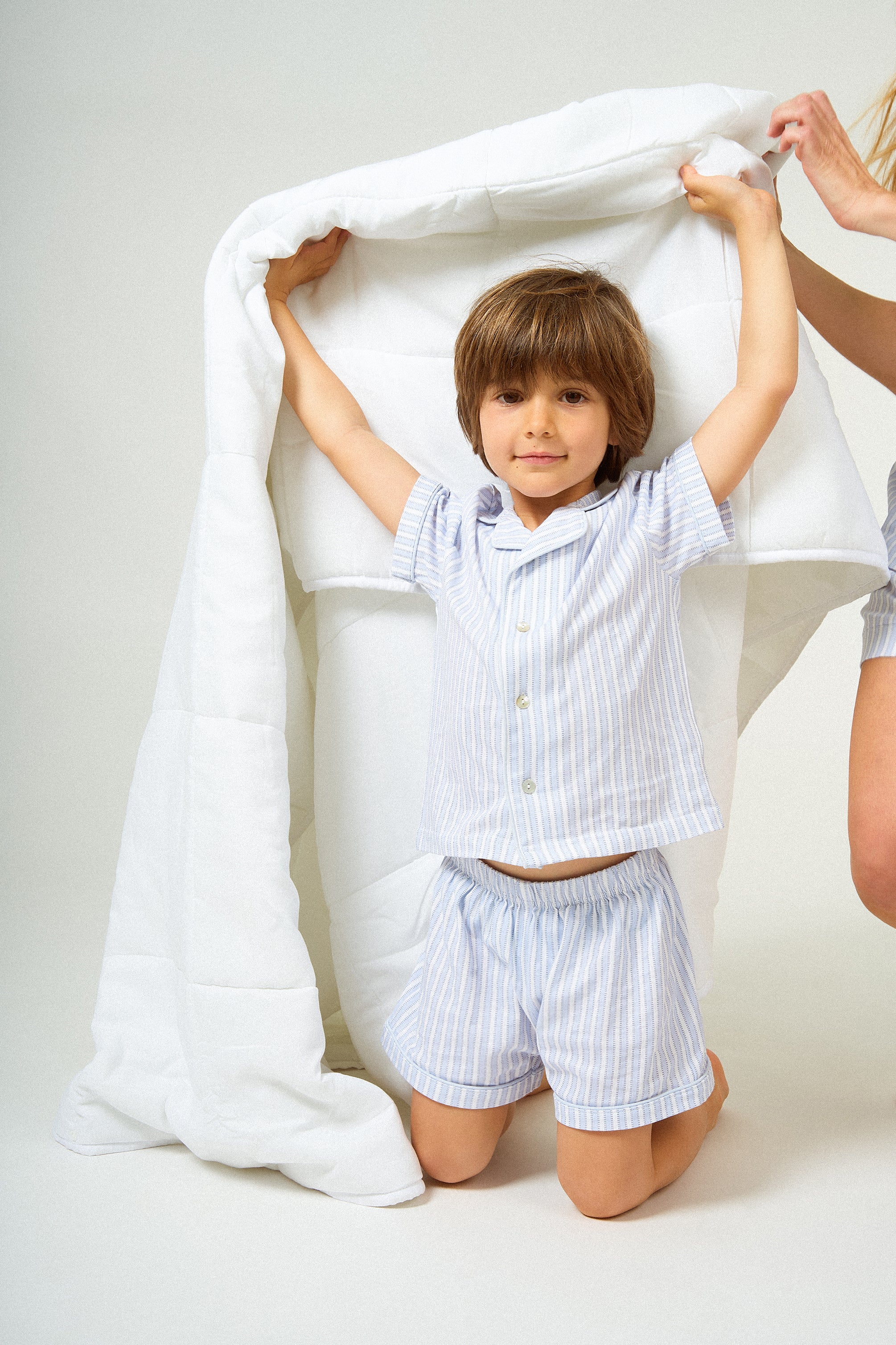 Pigiama corto a camicia bambino cotone a righe Ferdinando celeste