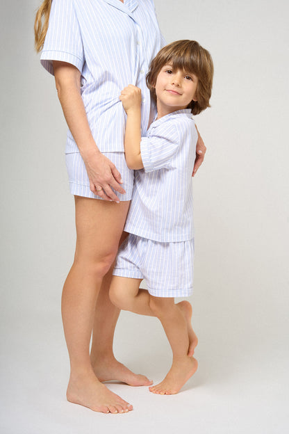 Pigiama corto a camicia bambino cotone a righe Ferdinando celeste