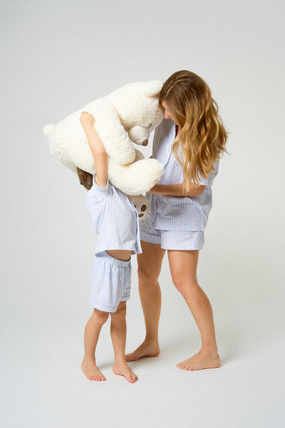 Pijama corto camisero mujer algodón raya ferdinand celeste