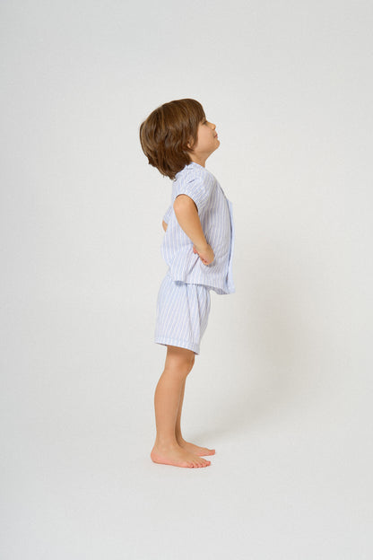 Pigiama corto a camicia bambino cotone a righe Ferdinando celeste