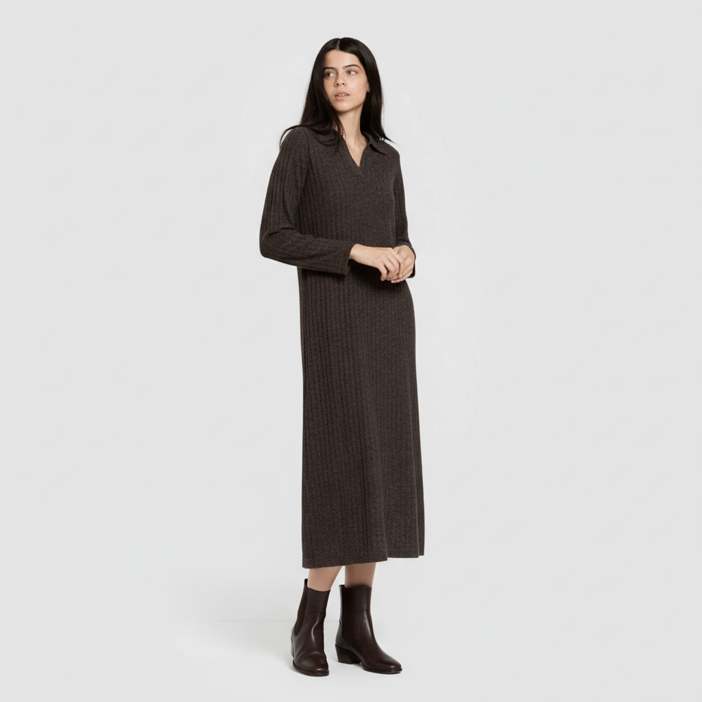 Vestido largo manga larga solapa 4x2 canalé mujer gris marengo