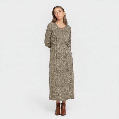 Vestido midi manga larga pico viscosa Dalias verde cacería