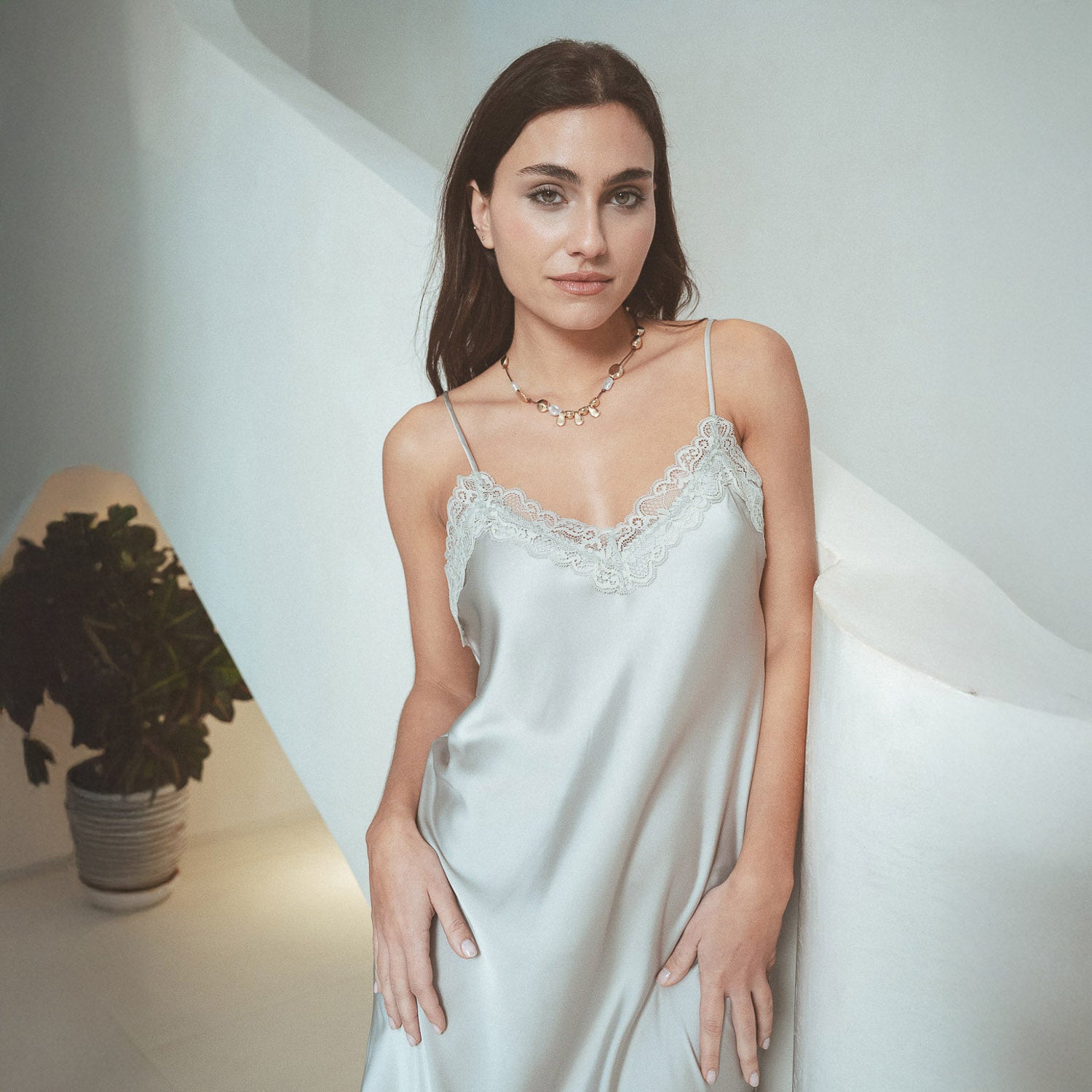 Camisón midi satén verde tiffany