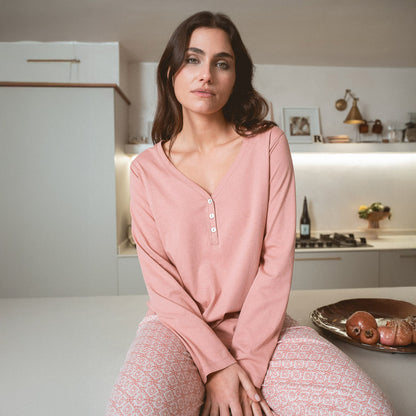 Pigiama lungo in cotone con scollo a V e rosetta mandolia