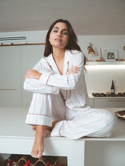 Long cotton shirt-style pajamas with pink stripes.