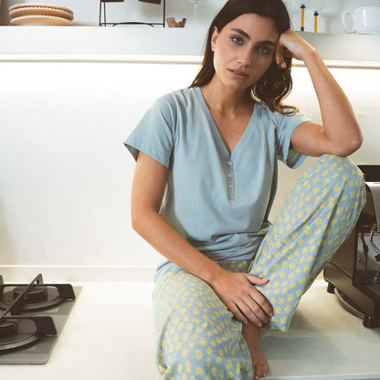 Pijama longo de algodão Eladia, azul água