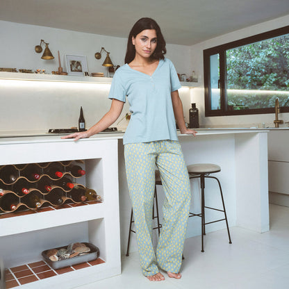 Pijama longo de algodão Eladia, azul água