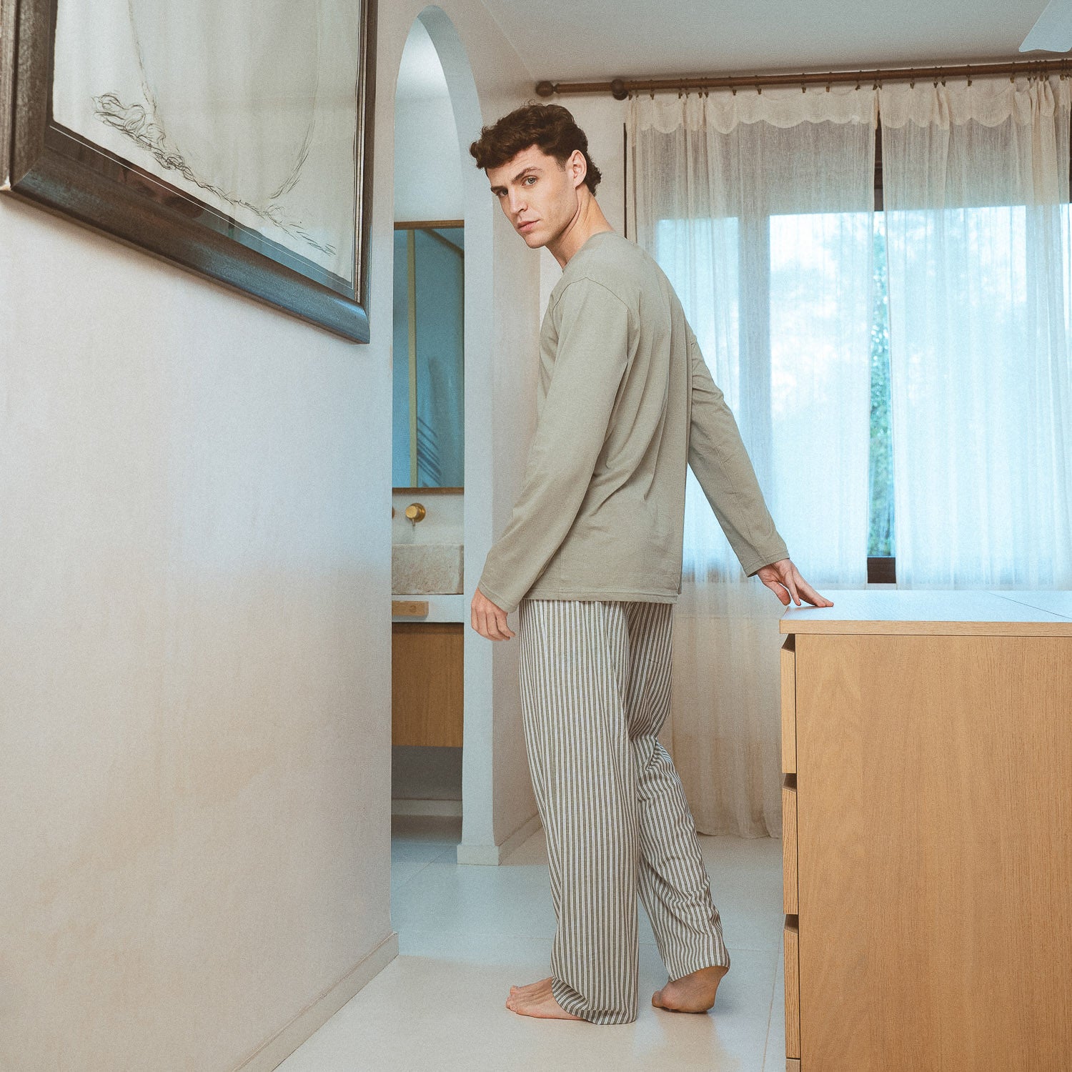 pijama comprido de algodão verde