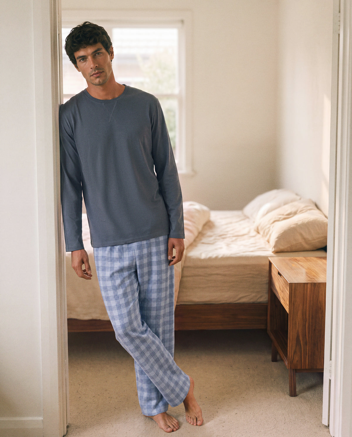 Pigiama lungo in cotone a quadri seren blu navy