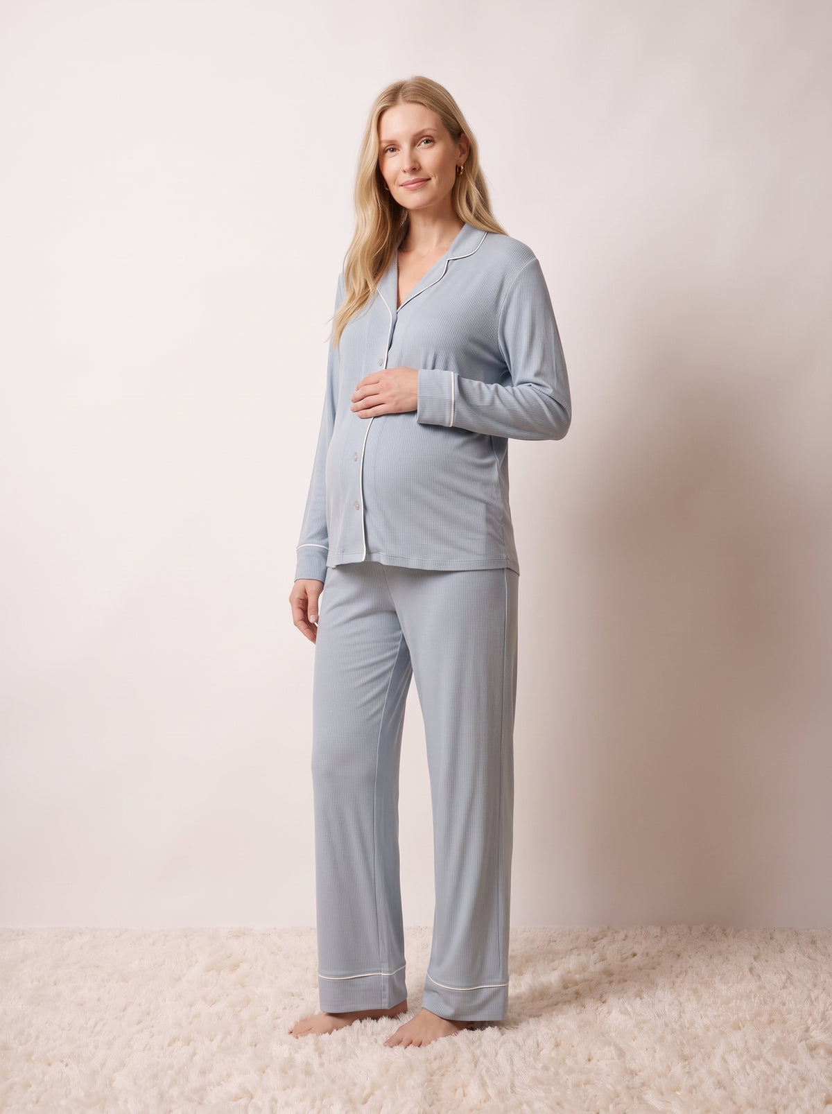 Pijama largo camisero viscosa punto azul agua