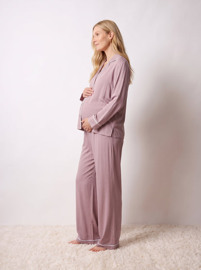 Pijama largo camisero premamá viscosa punto rosa
