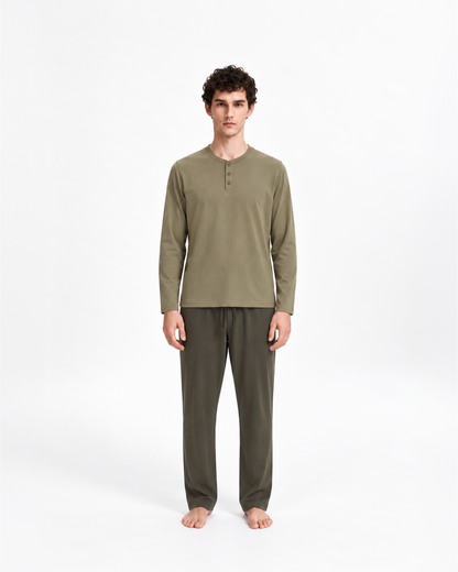 Pyjama long à boutons pour homme, vert clair - vert foncé